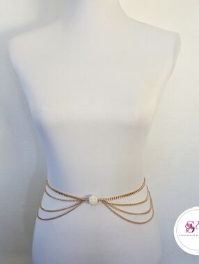 Gold Multi-Chain Pearl Accent Waist Chain Belt